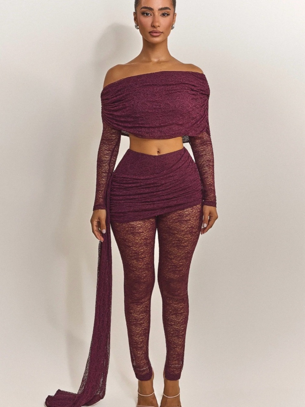 Women’s Off-Shoulder Burgundy Lace Two-Piece Set